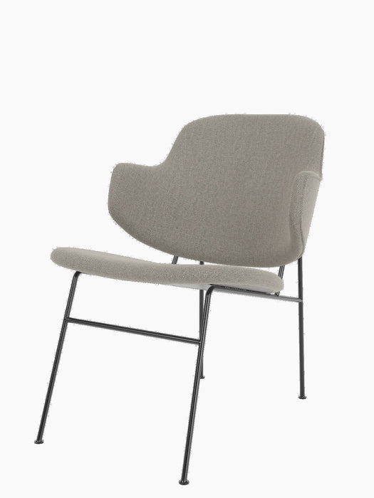 A three-quarter view of The Penguin Lounge Chair, Fully Upholstered in a light grey Re-Wool fabric with a black metal frame.