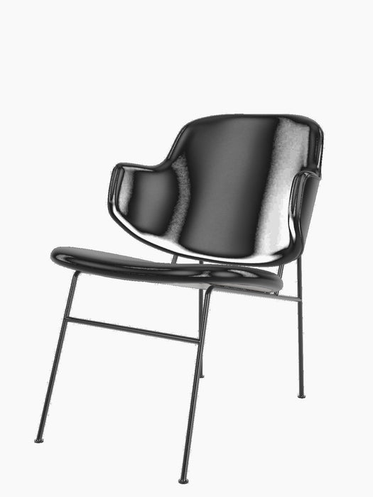 Three-quarter view of The Penguin Lounge Chair, fully upholstered in black leather with a black powder-coated steel frame.