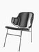 Three-quarter view of The Penguin Lounge Chair, fully upholstered in black leather with a black powder-coated steel frame.