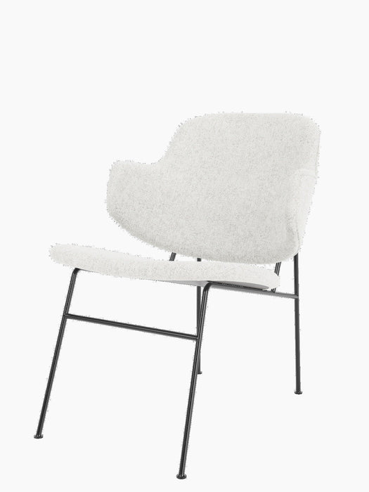 The Penguin Lounge Chair, fully upholstered in light grey textured fabric, shown at an angle on its thin black metal frame.