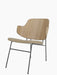 Penguin Lounge Chair with a natural oak backrest, a seat upholstered in cream Audo Bouclé 02, and a slim black steel frame.
