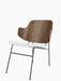 The Penguin Lounge Chair with a curved walnut veneer backrest, light grey upholstered seat, and a slender black steel frame.