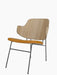 The Penguin Lounge Chair with a curved natural oak back, a tan leather seat, and a slim, dark powder-coated steel frame.
