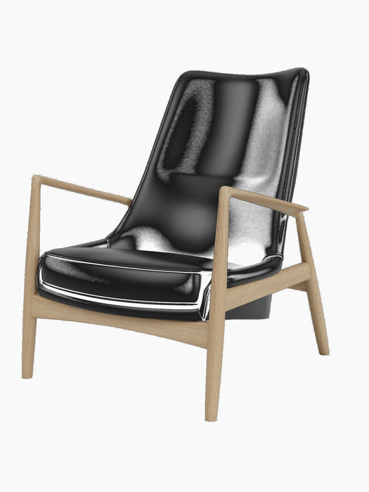 A three-quarter view of The Seal Lounge Chair, High Back, with sleek black leather upholstery and natural oak frame.