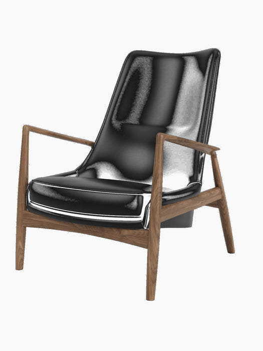 A three-quarter view of The Seal Lounge Chair, High Back, with smooth black leather upholstery and a walnut wood frame.