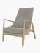 A front-side view of The Seal Lounge Chair, High Back, featuring a natural oak frame and light grey Re-Wool upholstery.