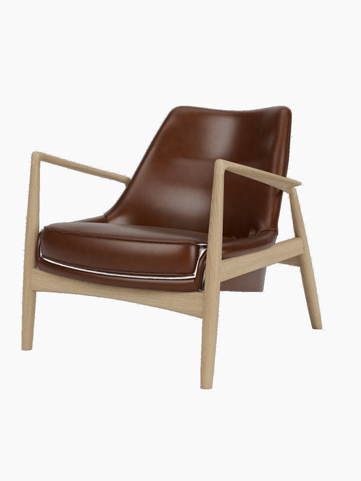 A Seal Lounge Chair, Low Back, with a sculpted natural oak frame and smooth, rich brown Dakar leather upholstery.