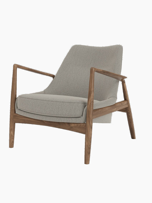 A three-quarter view of The Seal Lounge Chair, Low Back, with a walnut frame and upholstered in a light grey Re-Wool fabric.