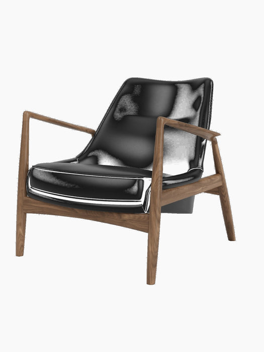 A three-quarter view of The Seal Lounge Chair, Low Back, with black leather seat and backrest and a walnut frame.