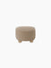 Back view of The Tired Man Ottoman, upholstered in a textured, light brown textile with four short, natural oak legs.