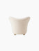 Back view of The Tired Man Lounge Chair in a textured, off-white fabric, showing its curved back and short wooden legs.