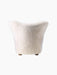 A back view of The Tired Man Lounge Chair, upholstered in plush, off-white sheepskin against a black background.