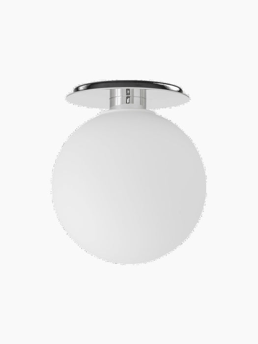 TR Bulb, Ceiling/Wall Lamp with a polished steel fixture and spherical opal glass shade, shown against a black background.