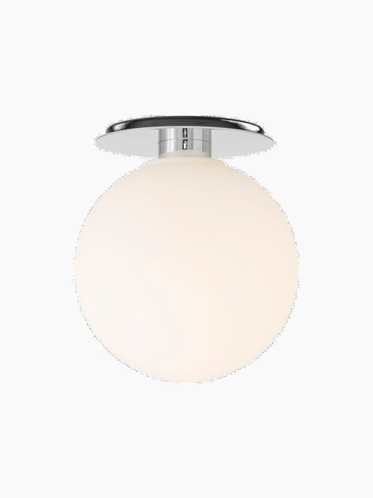 Front view of the TR Bulb Ceiling/Wall Lamp with a polished steel fixture and a glowing, spherical opal glass shade.