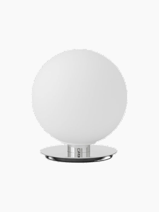 Front view of the TR Bulb, Ceiling/Wall Lamp, off, with a spherical white opal glass shade on a polished steel base.