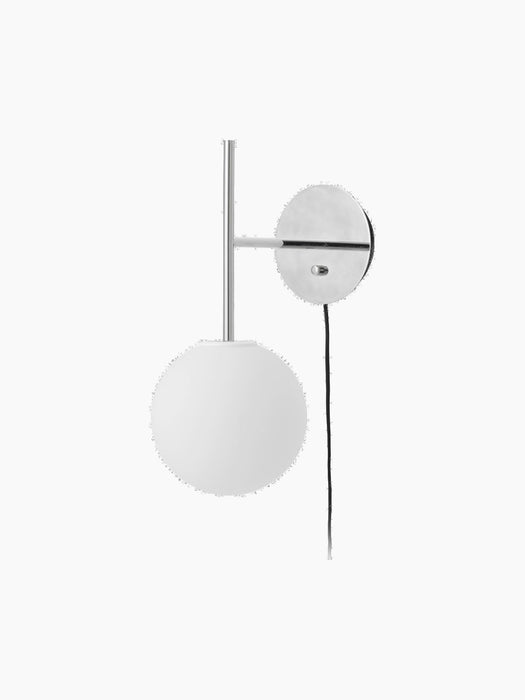 TR Bulb Suspended Wall Lamp in polished steel with a white opal glass globe, circular wall mount, and black cord.