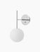 TR Bulb, Suspended Wall Lamp in polished steel, viewed from an angle, with a spherical white opal glass bulb, turned off.