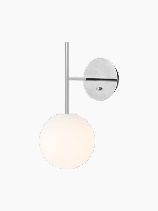 TR Bulb, Suspended Wall Lamp in polished steel with an illuminated opal glass bulb, shown at an angle on a black background.