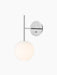 TR Bulb, Suspended Wall Lamp in polished steel with an illuminated opal glass bulb, shown at an angle on a black background.
