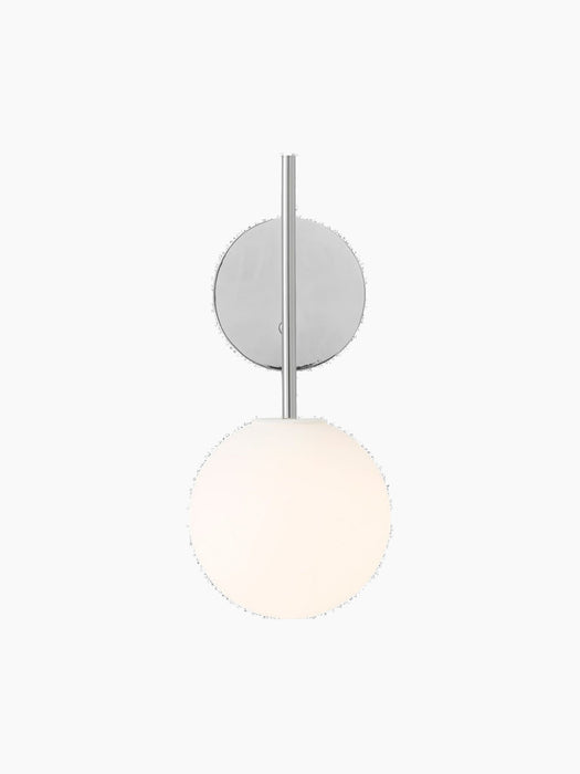 A TR Bulb, Suspended Wall Lamp in polished steel, front view, featuring a round wall plate and a glowing opal glass orb.