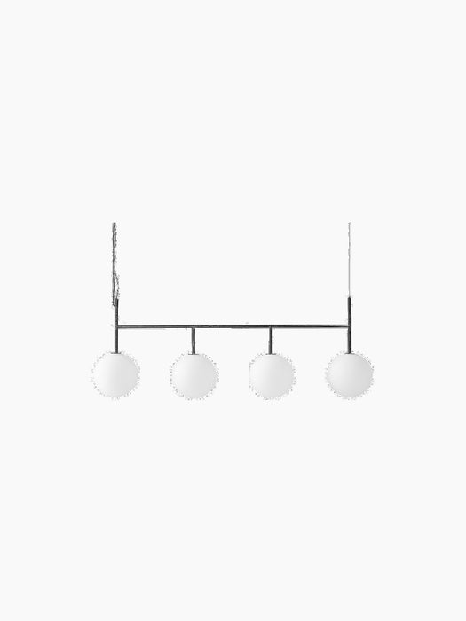 Front view of the black TR Bulb, Suspension Frame, a linear pendant light with four round, white glass bulbs.