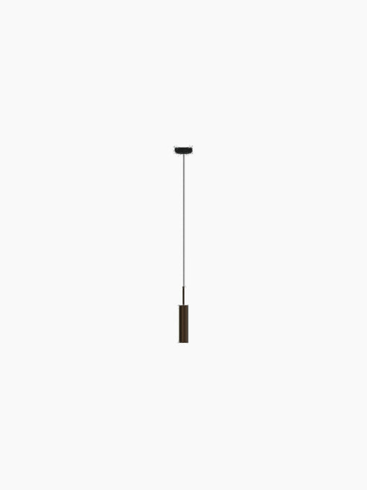 Front view of the Tubulaire Pendant Lamp (H24) in reeded, bronzed brass aluminium, hanging from a black cord and rose.