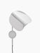 The Wing Wall Lamp in polished aluminium, shown from the front against a black background. The lamp is switched off.