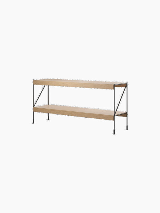 Angled view of the Zet Storage System, a two-level unit with natural oak shelves supported by a thin black steel frame.