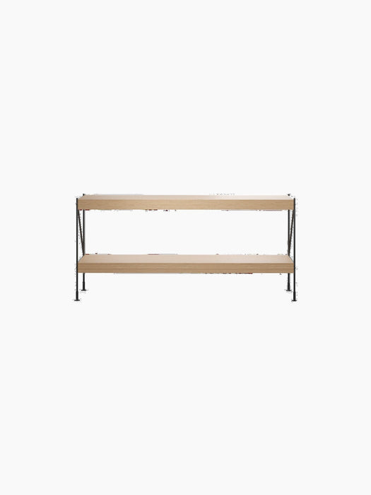 Back view of the Zet Storage System, a two-tiered shelving unit with natural oak shelves and a slim black steel frame.