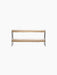 Back view of the Zet Storage System, a two-tiered shelving unit with natural oak shelves and a slim black steel frame.