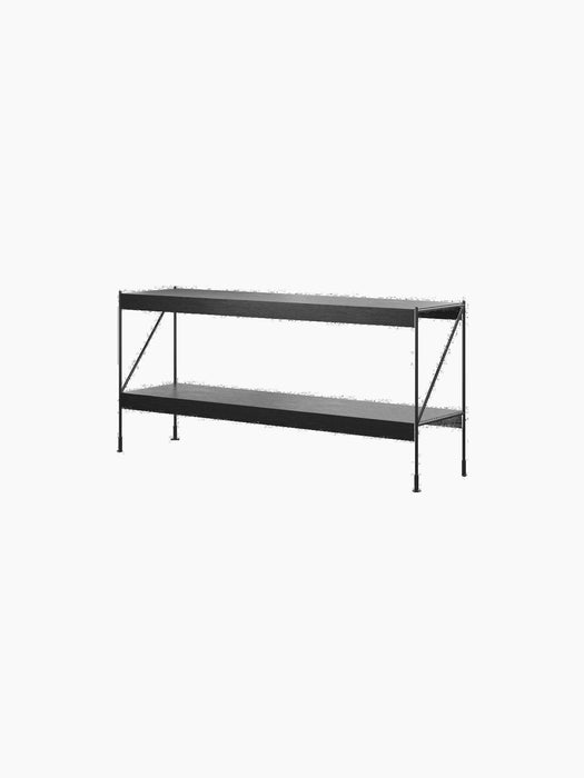 The Zet Storage System, a low two-tiered shelving unit with black oak shelves and a black steel frame, viewed from an angle.