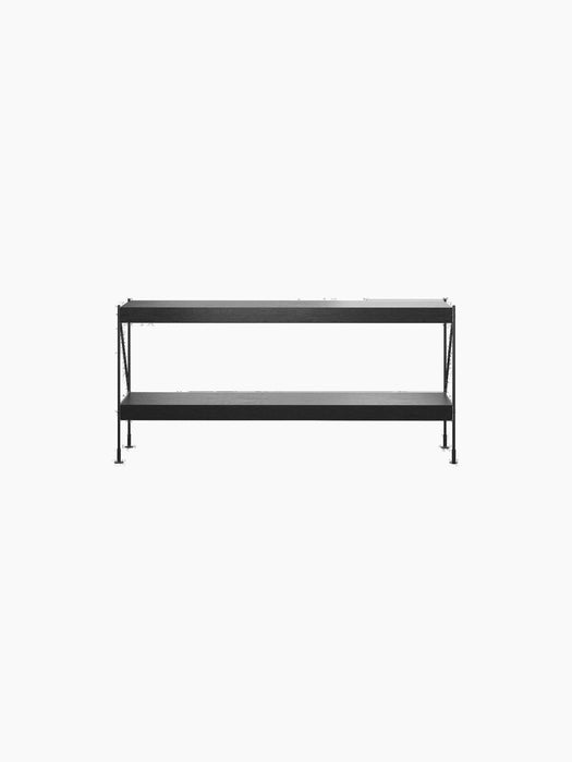 Rear view of the low, two-tier Zet Storage System with black oak shelves and a slender black powder-coated steel frame.