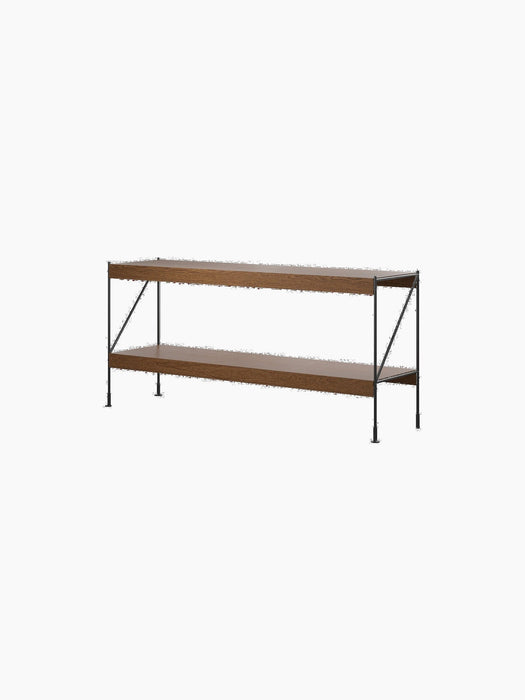 Angled view of the Zet Storage System. It has two dark stained oak shelves and a black steel frame with Z-shaped struts.