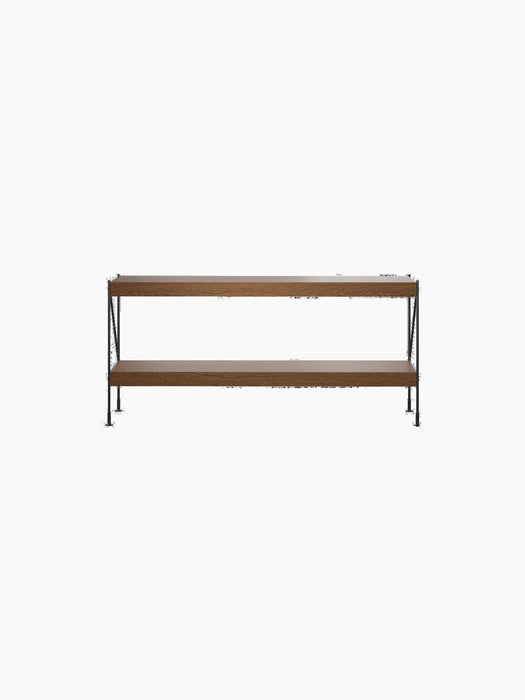 Front view of the Zet Storage System, a low, two-tier unit in dark stained oak with a minimal black steel frame.