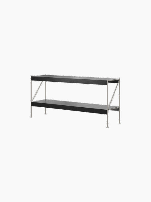 Angled view of the Zet Storage System, featuring two long black oak shelves supported by a minimalist ivory steel frame.