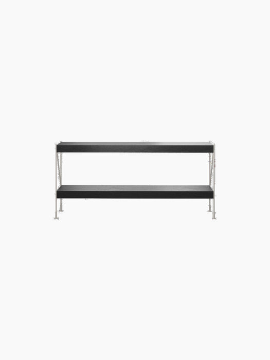 Front view of the Zet Storage System, a two-tier shelving unit with black oak shelves and an ivory steel frame.