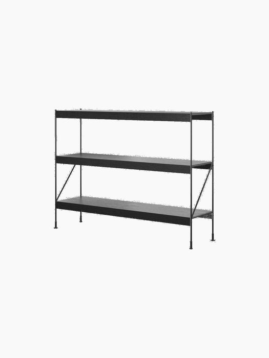 A three-tier Zet Storage System with black oak shelves and a slim black powder-coated steel frame, shown from an angle.