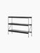 A three-tier Zet Storage System with black oak shelves and a slim black powder-coated steel frame, shown from an angle.