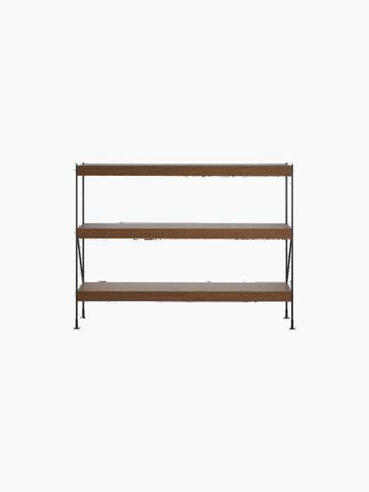 Back view of the Zet Storage System, a three-tiered unit with dark stained oak shelves on a minimalist black steel frame.