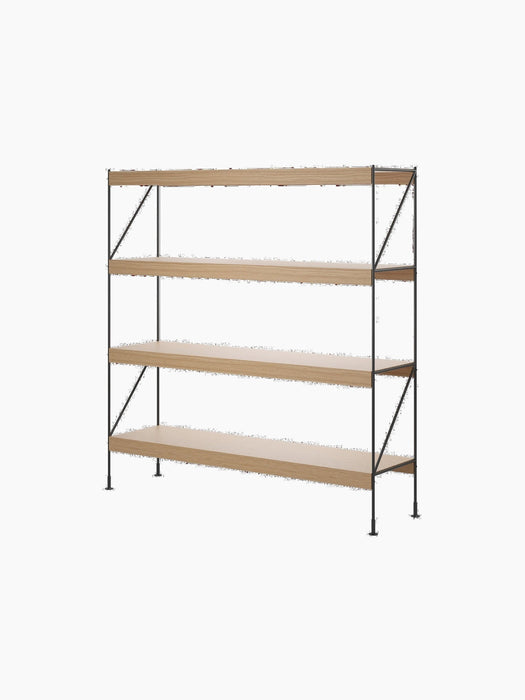 The Zet Storage System, a four-tiered shelving unit with a black powder-coated steel frame and natural oak veneer shelves.