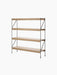 The Zet Storage System, a four-tiered shelving unit with a black powder-coated steel frame and natural oak veneer shelves.