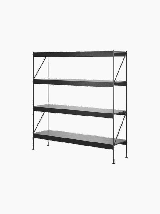 Zet Storage System with four black oak shelves and a black steel frame, shown from an angle against a black background.