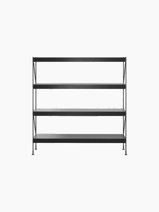 A front view of the empty Zet Storage System, a four-tiered shelving unit with black oak shelves and a black steel frame.