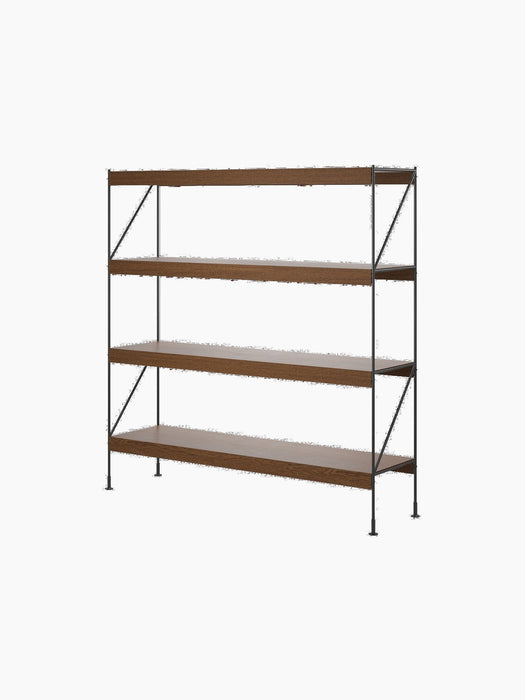 The Zet Storage System, a four-tier unit with dark stained oak shelves and a slim black steel frame, viewed from an angle.