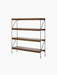 The Zet Storage System, a four-tier unit with dark stained oak shelves and a slim black steel frame, viewed from an angle.