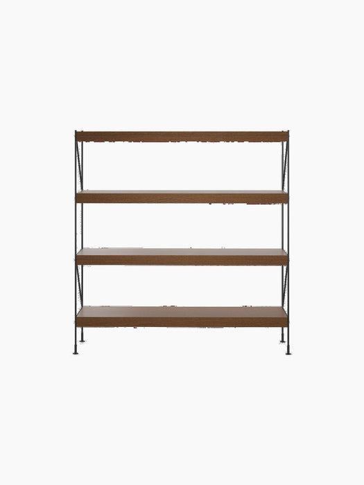 Zet Storage System, a four-tiered shelving unit with dark stained oak shelves and black steel frame, shown from the front.