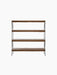 Zet Storage System, a four-tiered shelving unit with dark stained oak shelves and black steel frame, shown from the front.
