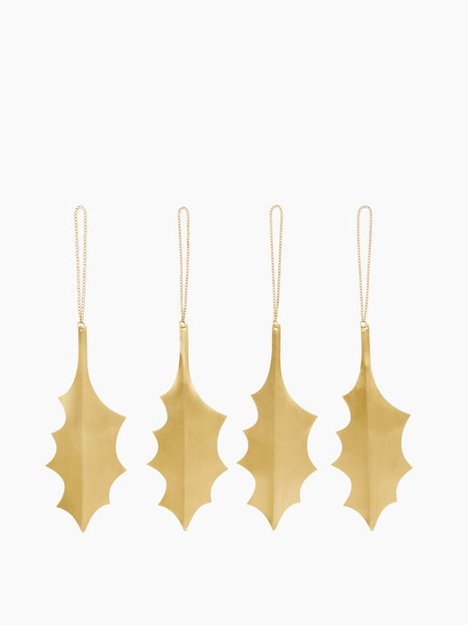 Holly Leaf Brass Ornaments - Set of 4